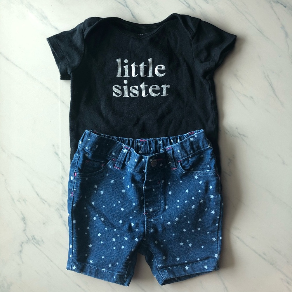 “little sister” onesie & star pattern jean shorts - Picture 1 of 7